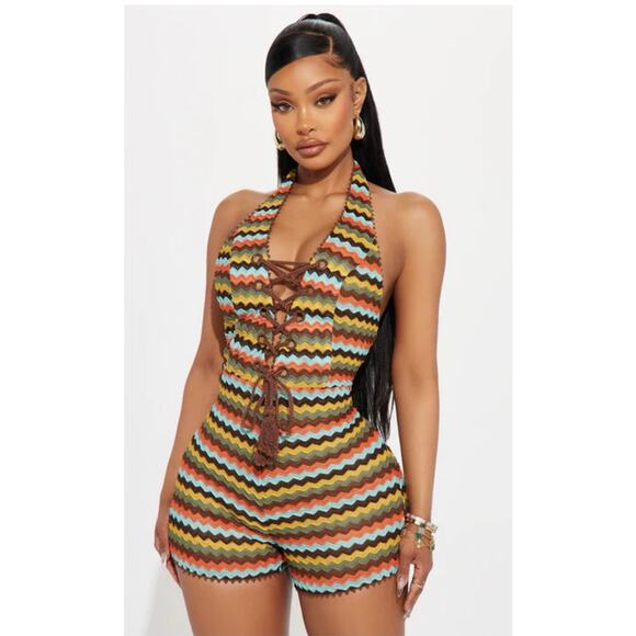FashionNova Kaui Crochet Halter Romper Multicolor Knit Festival Boho Summer Sz M - Picture 1 of 10
